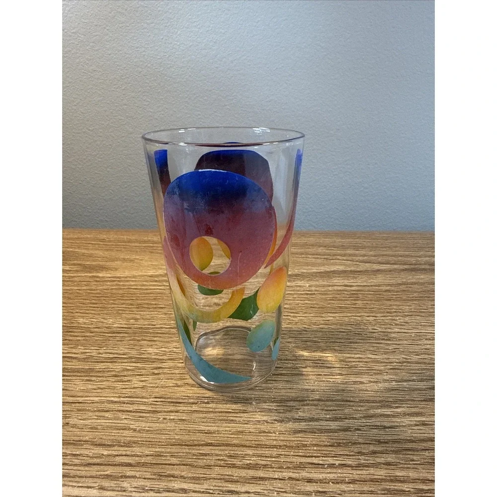 VTG MCM Kraft Cheese Glass Tumbler Geometric Design Blue‎ Red Green Faded (5)